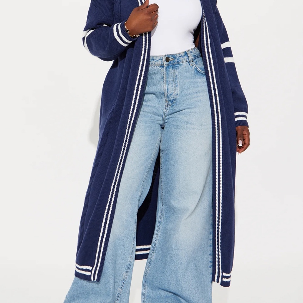 Navy Long Cardigan with White Stripes